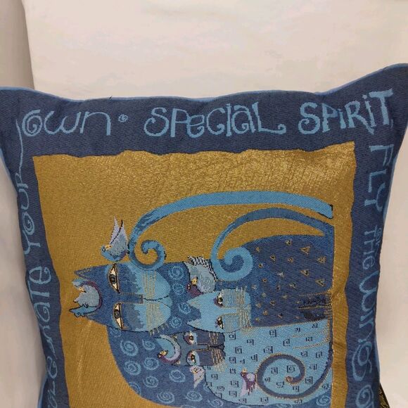 Laurel Burch Blue Indigo Cats Tapestry Throw Pillow Metallic Gold Accents 17" - Picture 6 of 13